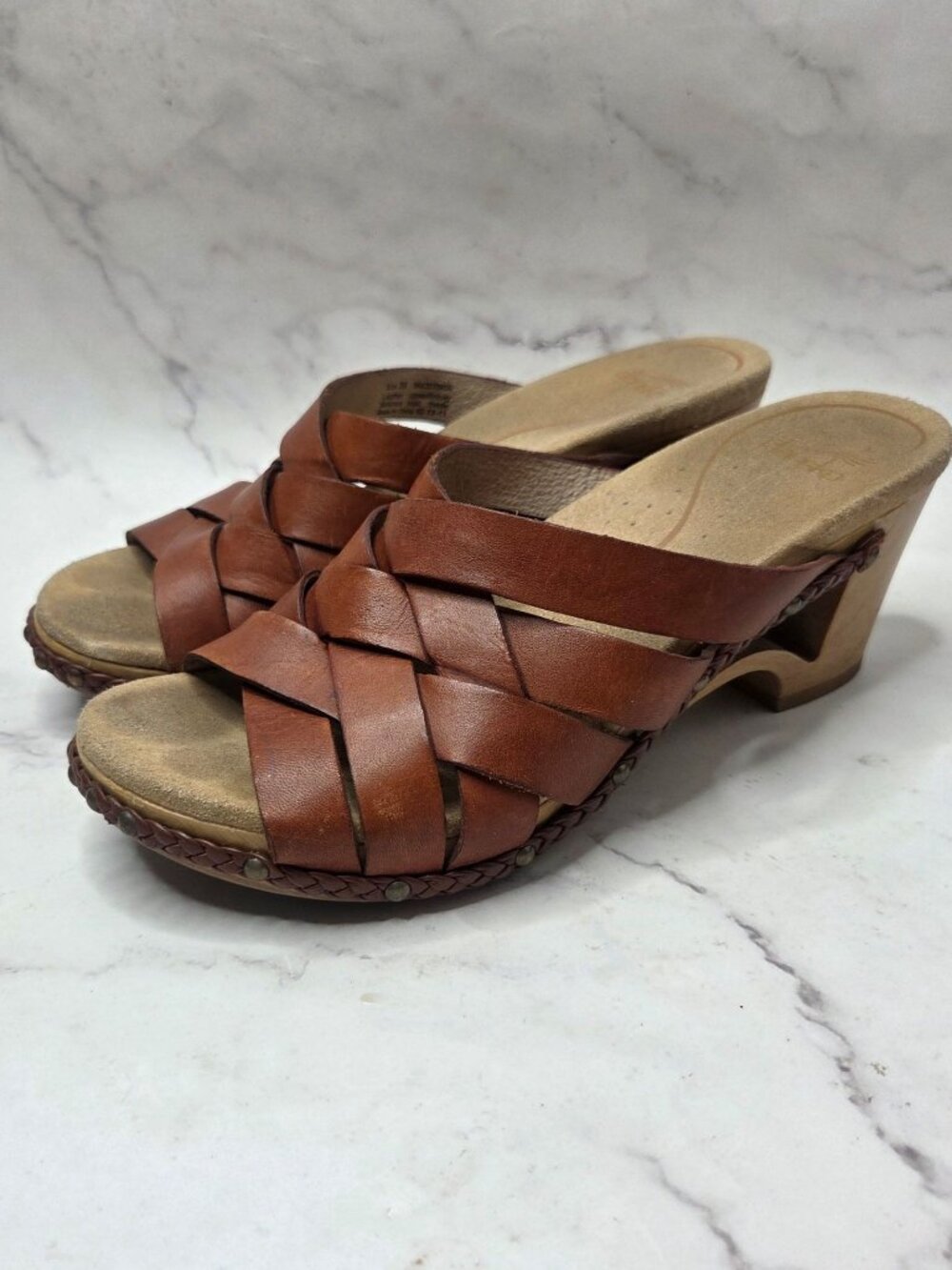 Dansko Tory Brown Braided Leather Sandals Block Heels Clogs Women's 9 (39)